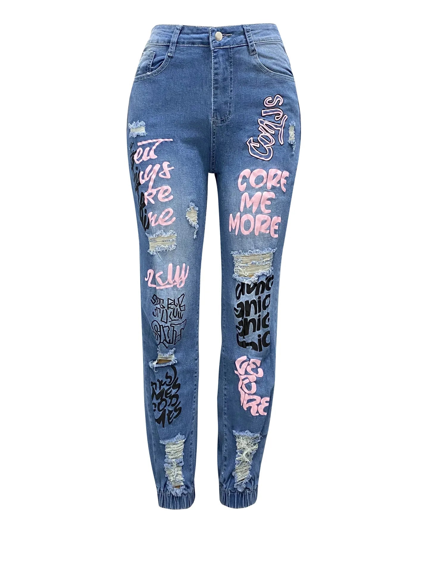 Women Denim Jeans Ankle Length Print Holes Pencil Pants Pockets Washing Slim Basics Zipper Fly Spring Flat Slight Strech Aviola