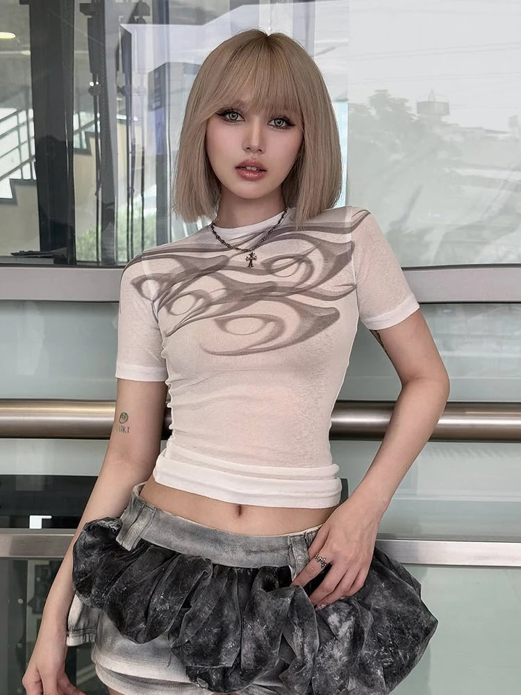 Nibber Print See Through t-Shirt Women o-Neck High Elasticity Skinny Sexy Summer Simple Street Classic Versatile Leisure Tops Aviola