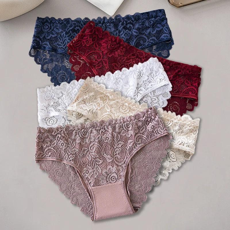 5PCS Cotton Panties Women's Fashion Floral Lace Briefs Set Patchwork Hollow Out Sexy Female Underwear Lingerie Aviola