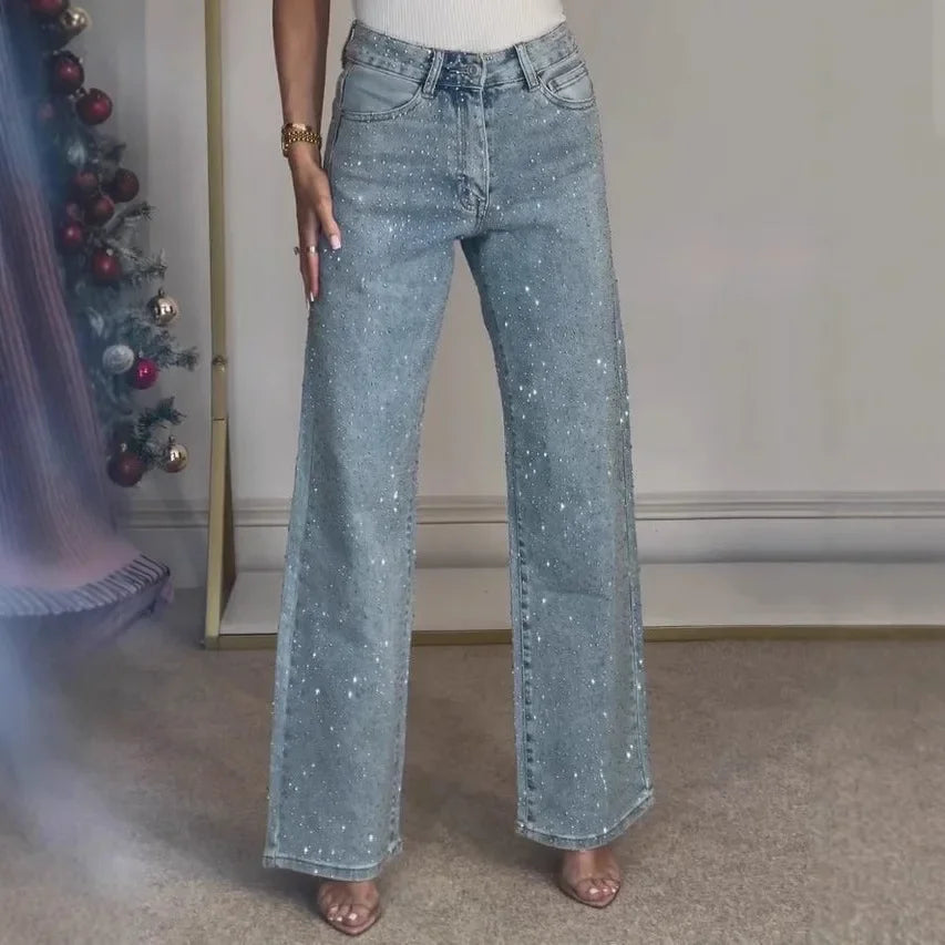 Jeans for Women Straight Diamonds Pants Stretch High Waist Washed Mom Jeans Vintage Denims Streetwear Y2k Streetwear Trousers Aviola