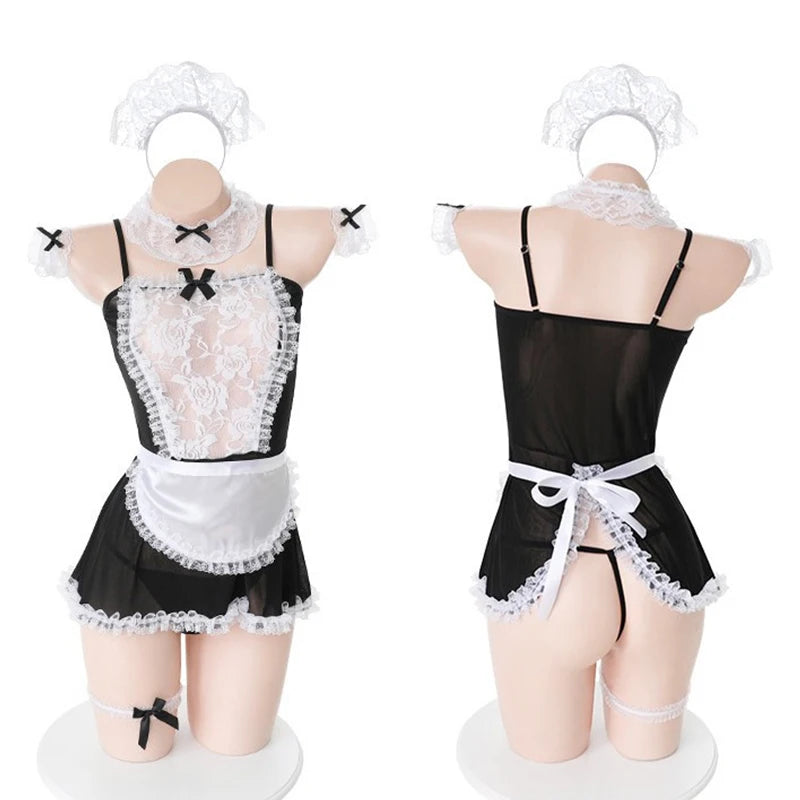 Erotic Crotchless Lingerie Women Sexy French Apron Maid Dress T Pants Costume Set Lolita Cosplay Costumes Servant Role Play Suit Aviola