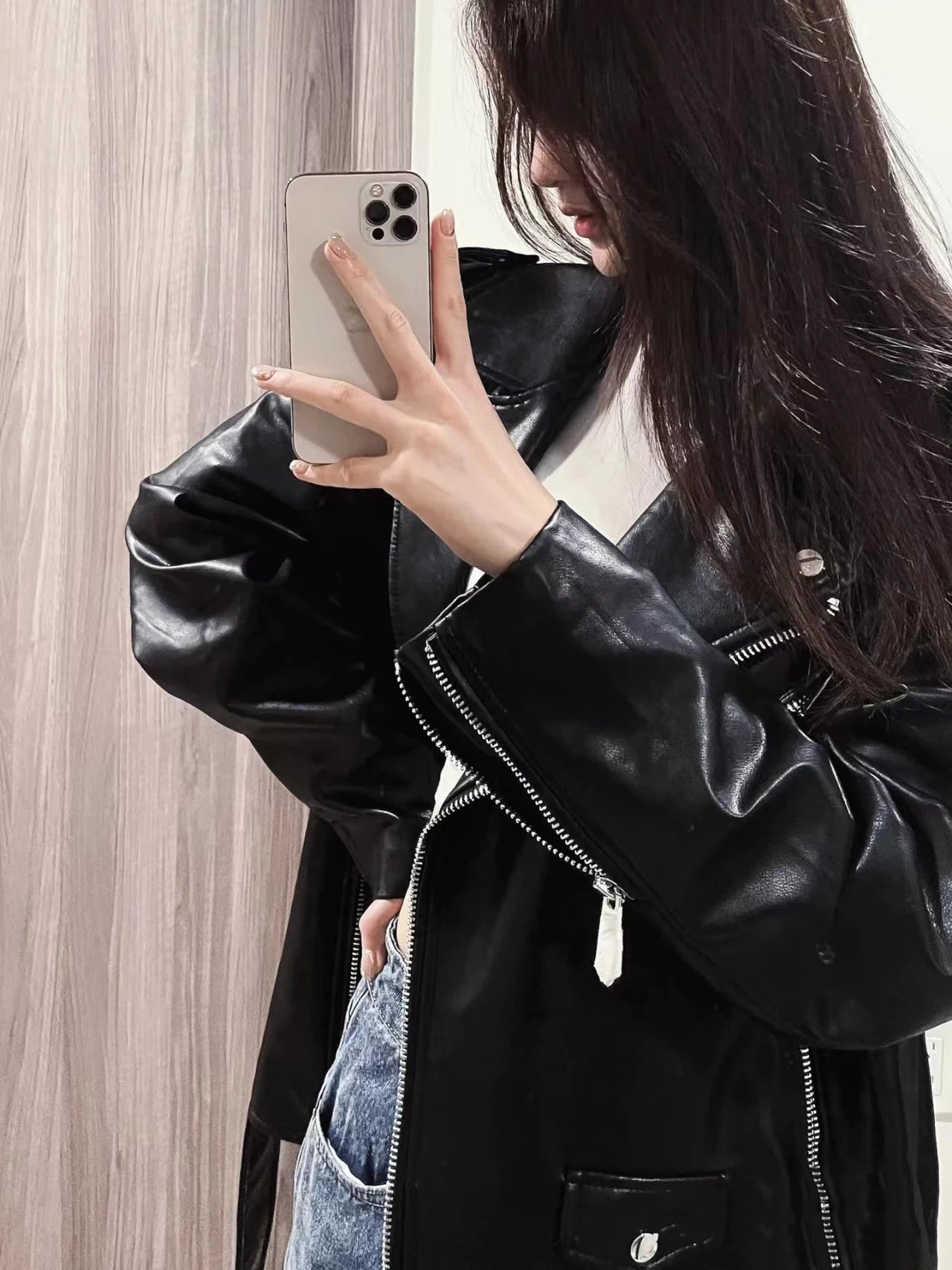 RARF  New 2024 Women's motorcycle leather PU imitation leather loose jacket black jacket Aviola