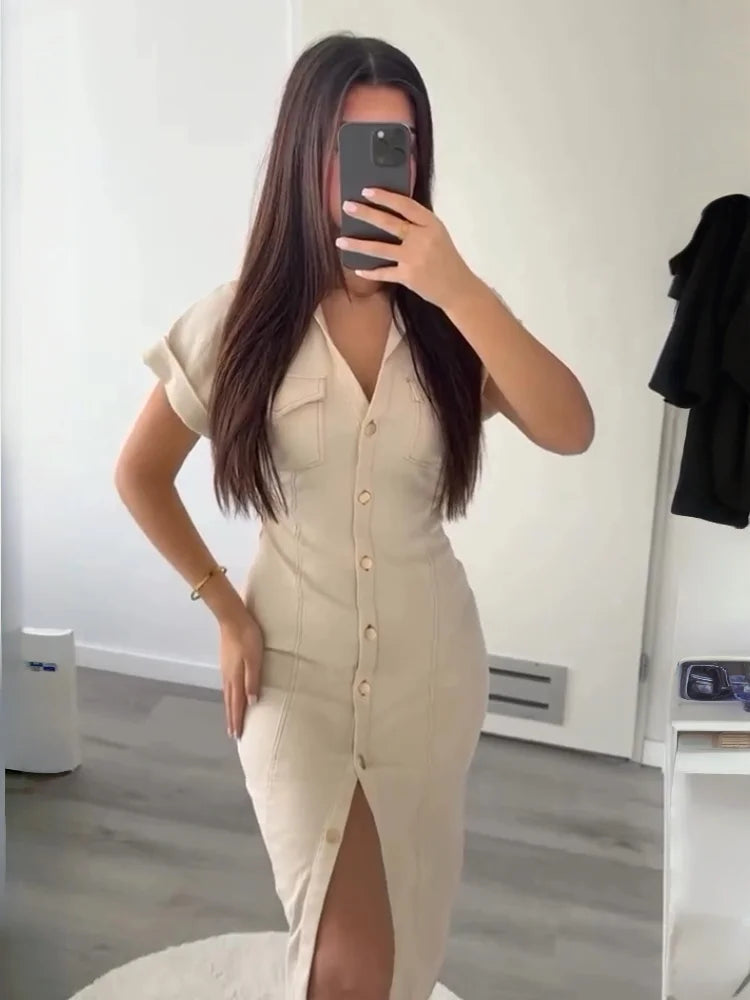UNIZERA 2025 summer new traf women's elegant and fashionable pleated waist V-neck short-sleeved temperament denim dress Aviola