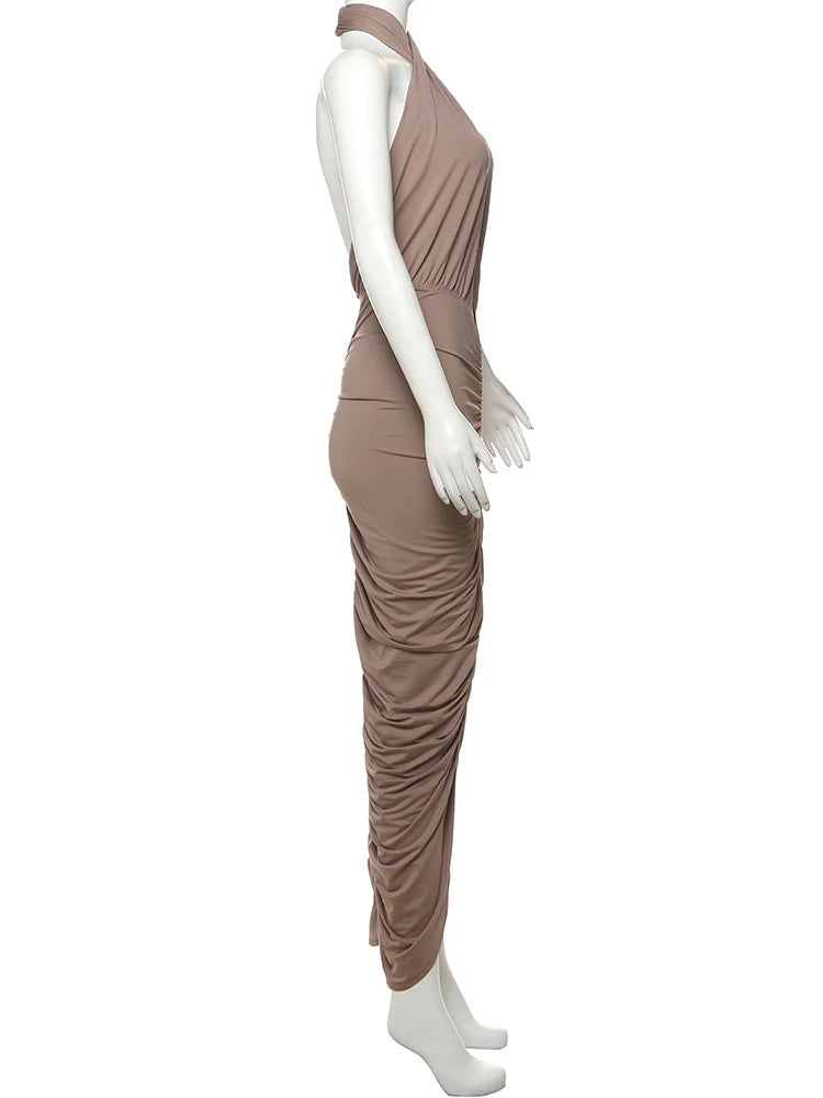 Nibber Ruffles Sexy Backless Women Dress Fashion Peach Buttocks Sleeveless Stretch Summer Midnight Cross Halter Maxi Bodycon Aviola