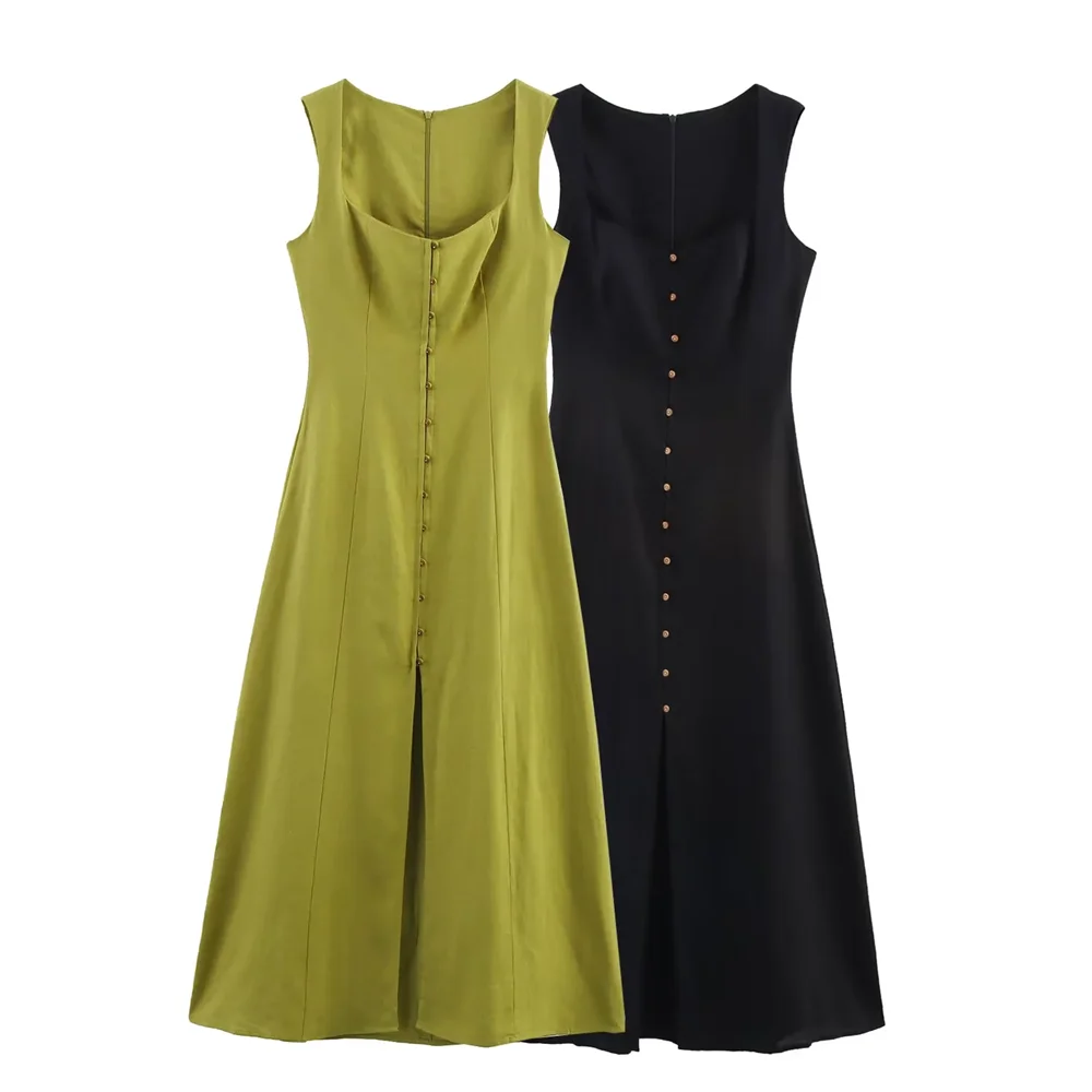 BM&MD&ZA2025Summer New Women's Sleeveless Square Neck Single-Breasted Temperament Simple Suspender Dress Aviola