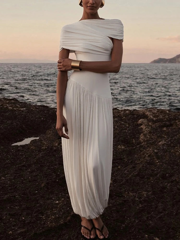 Nibber Solid Ruched Elegant Dress Women Summer Trend o-Neck Short Sleeve Ruffles Hem Vacation Beach Party Style Long Bodycon Aviola