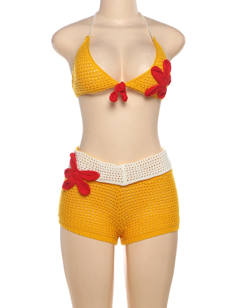 Nibber Party 2 Piece Set Women Swimsuit Applique Y2K Chic Bra Tops+Lapel Shorts Vacation Midnight Club Crochet Beach Outfits Aviola