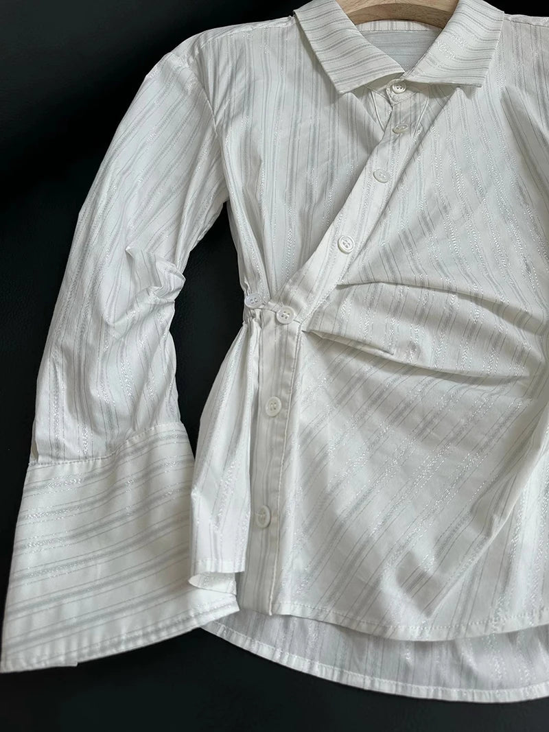MEXZT Elegant Striped Shirts Women Vintage Irregular Long Sleeve Blouses Office Ladies Korean Chic Buttons Slim Design Tops New Aviola