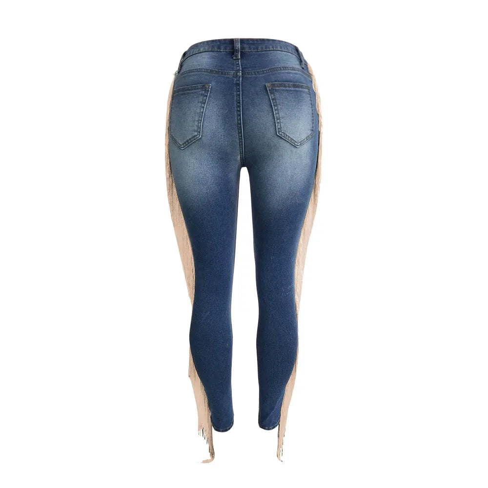 Denim Pants Women Mom Jeans Hole Long Pants Tassel High Waist Straight Trousers Y2k Bodycon Slim Fit Splice Streetwear 2025 Aviola