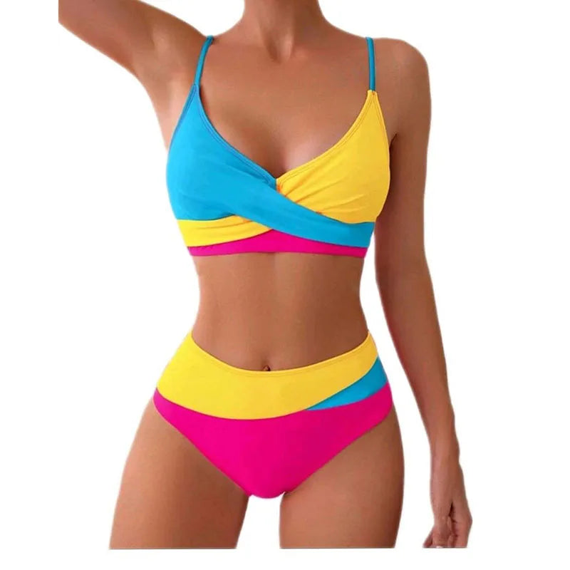 New Sexy High Waist Bikini 2025 Cross Backless Women Swimsuit Patchwork Tight Beachwear Bikini Set Seaside Sling Pool Swimwear Aviola