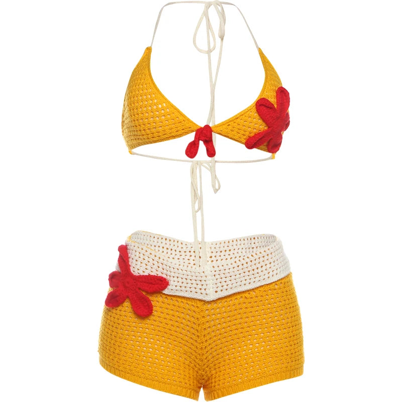 Nibber Party 2 Piece Set Women Swimsuit Applique Y2K Chic Bra Tops+Lapel Shorts Vacation Midnight Club Crochet Beach Outfits Aviola