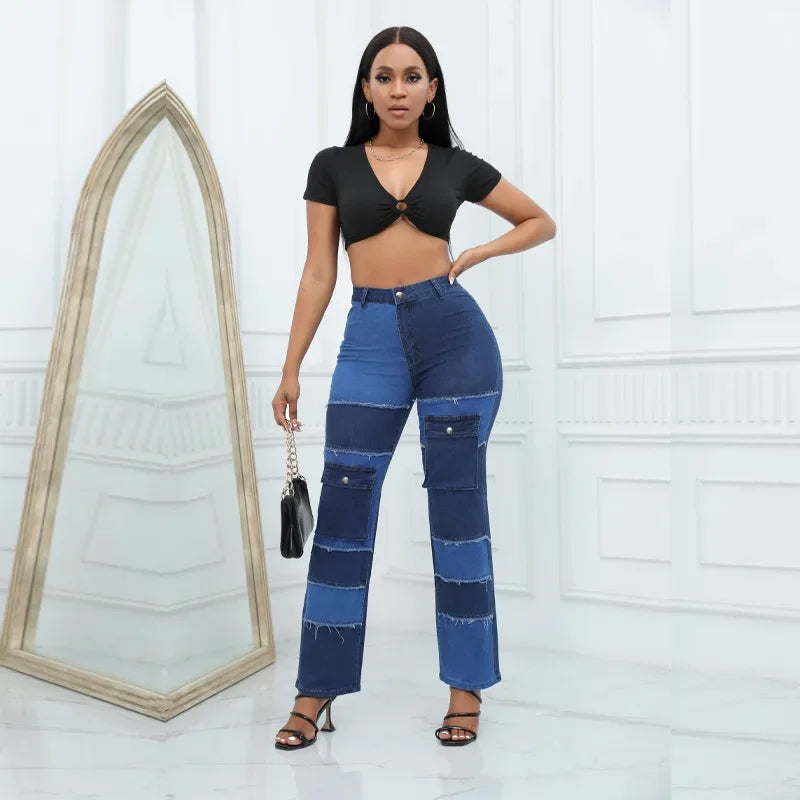 Women Straight Jeans Denim Wide Leg Pants Patchwork High Waist Pockets Button 2025 Autumn Vintage Trousers Strecth Denims Aviola