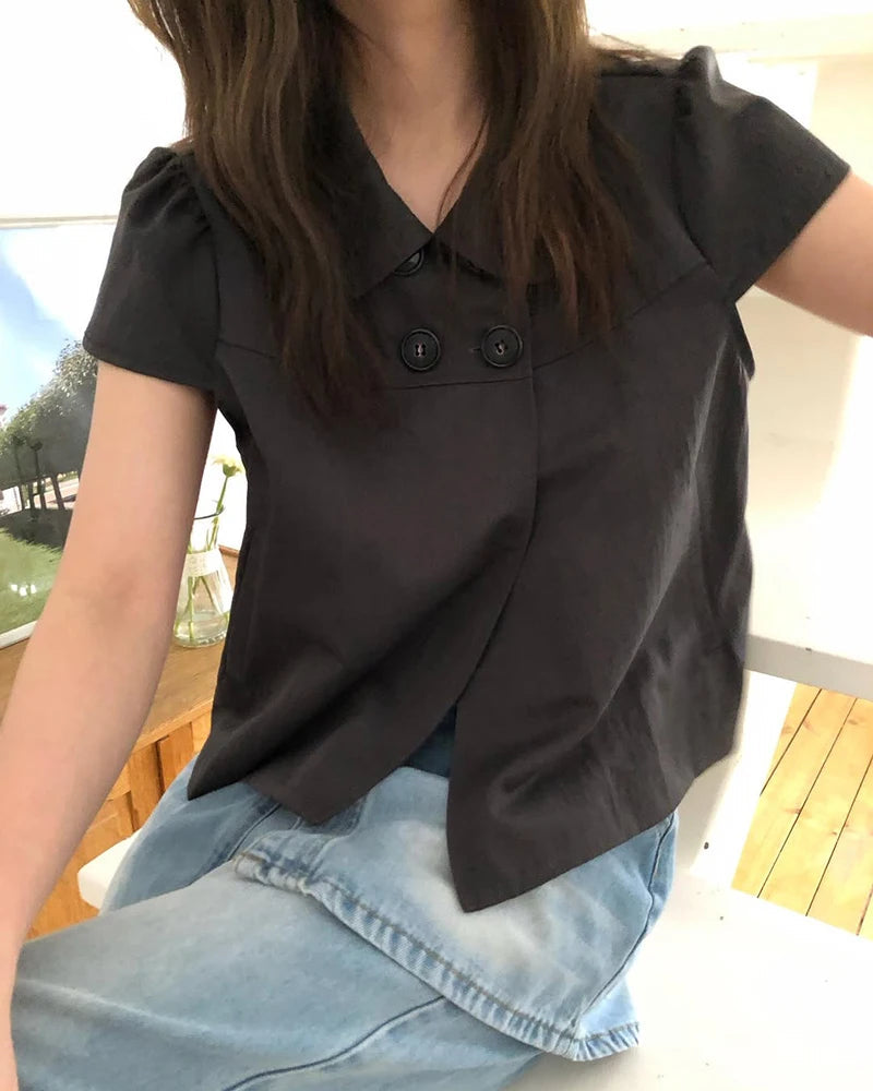 MEXZT Vintage Black Shirts Women Japanese Harajuku White Cropped Puff Short Sleeve Blouses Summer Korean Casual Design Tops New Aviola