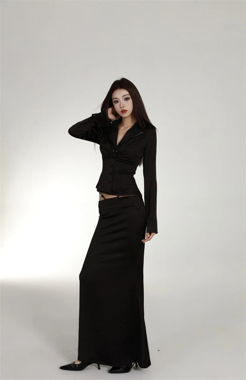MEXZT Vintage Black Shirts Women Elegant Cropped Satin Long Sleeve Blouses Office Ladies Korean Turn Down Collar Design Tops New Aviola