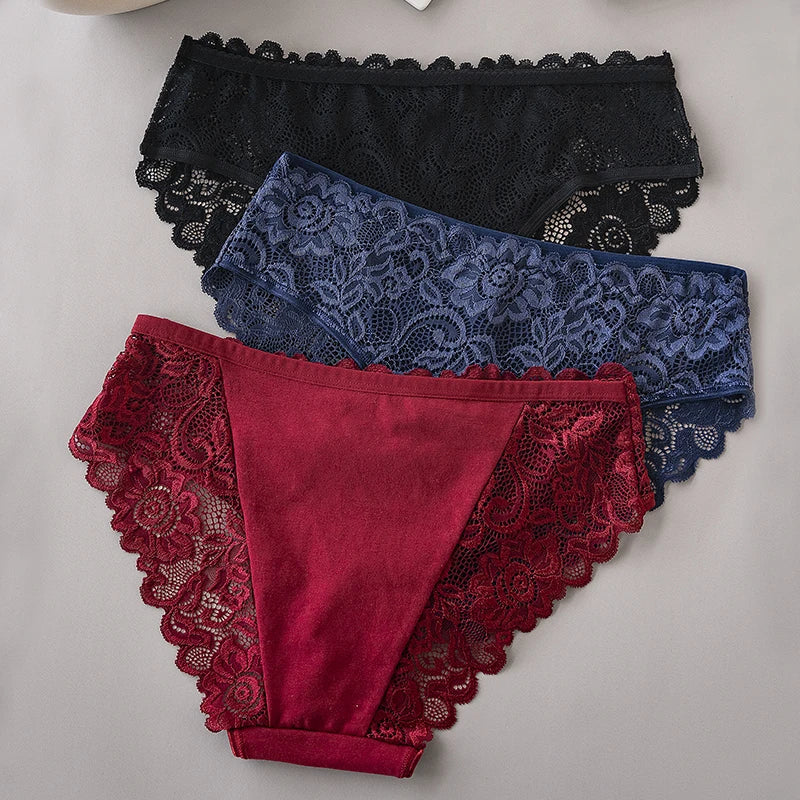 5PCS/Set Middle Waist Cotton Lace Patchwork Solid Color Floral Panties Women's Briefs Breathable Sexy Female Underwear Lingerie Aviola