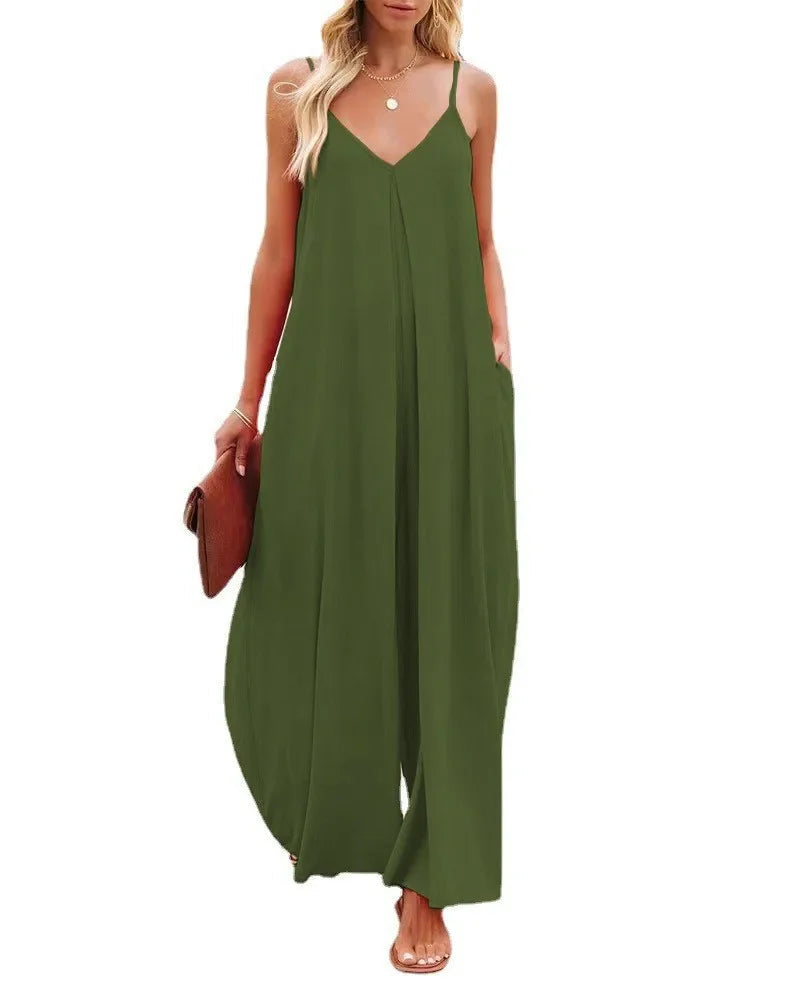Women Jumpsuits V Neck One Piece Ankle Length Wide Leg Pants Rompers Backless Overalls Solid Pockets Loose Casual Mid Waist Aviola