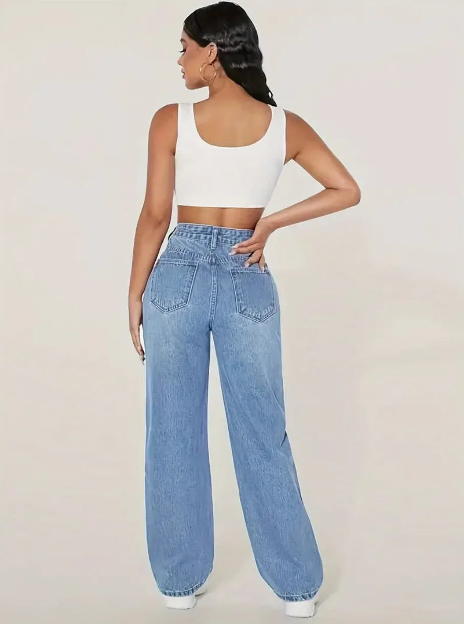 Mom Jeans Women Denim Pant Wide Leg Long Pants Hole High Waist Straight Trousers Y2k Streetwear Work Splice Casual 2025 Punk Aviola