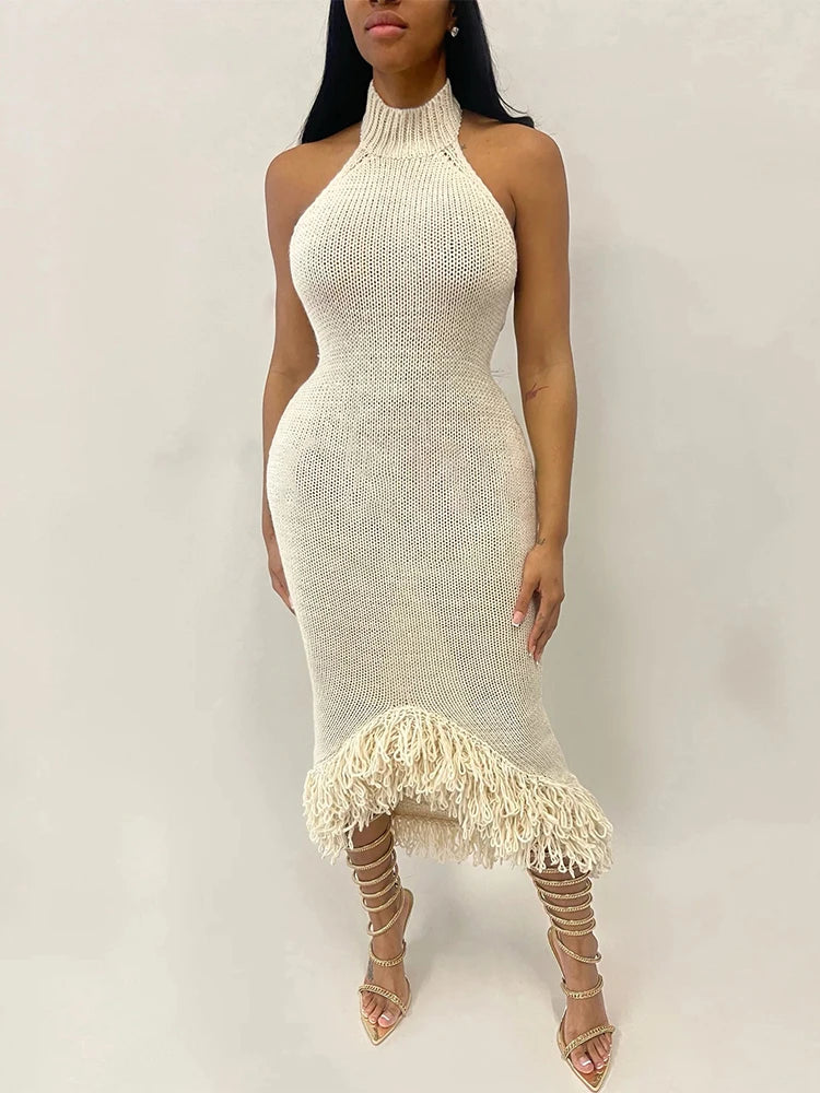 Nibber Knit See Through Women Dress Irregular Backless Sleeveless Halter Sexy Tassel Hem Clubwear Stretch Hipster Party Vestidos Aviola