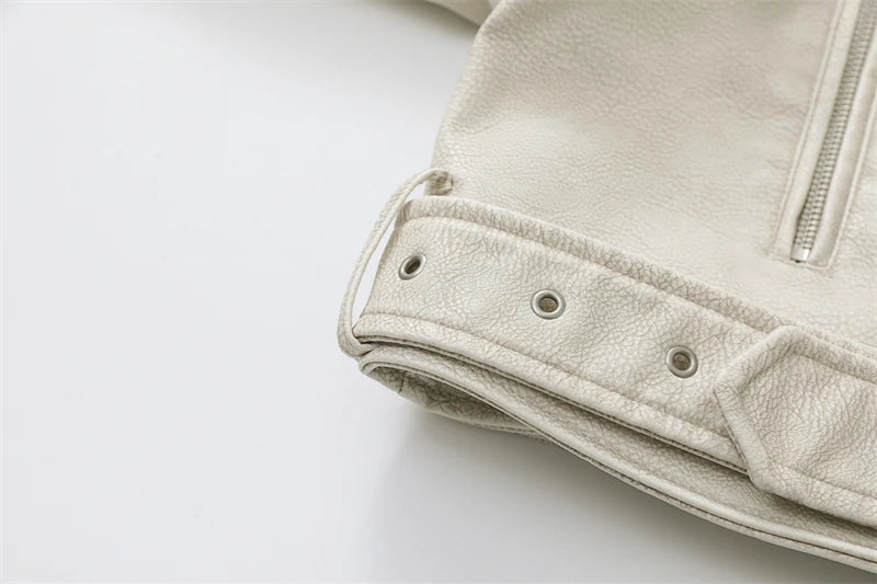 Chaqueta de cuero lavado con cinturón para mujer, abrigo corto con cremallera degradada y cuello vuelto Vintage, chaqueta elegan Aviola