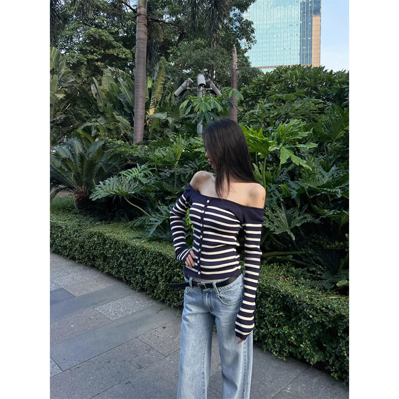 MEXZT Vintage Striped Sweater Women Sexy Cropped Slash Neck Knitted Pullovers Streetwear Korean Knitwears Winter Ladies Jumpers Aviola