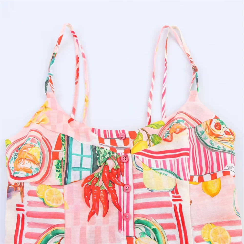 BM&MD&ZA2025Backless Fashion Printed Patchwork Suspender Dress Seaside Holiday Style Long Dress Summer Women's Wear Aviola
