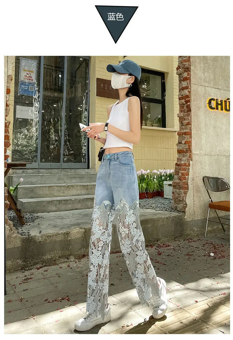 Denim Pant Women Jeans Hollow Out Floral Long Pants Slim Lace High Waist Straight Trousers Y2k Streetwear Splice Mom Party Club Aviola