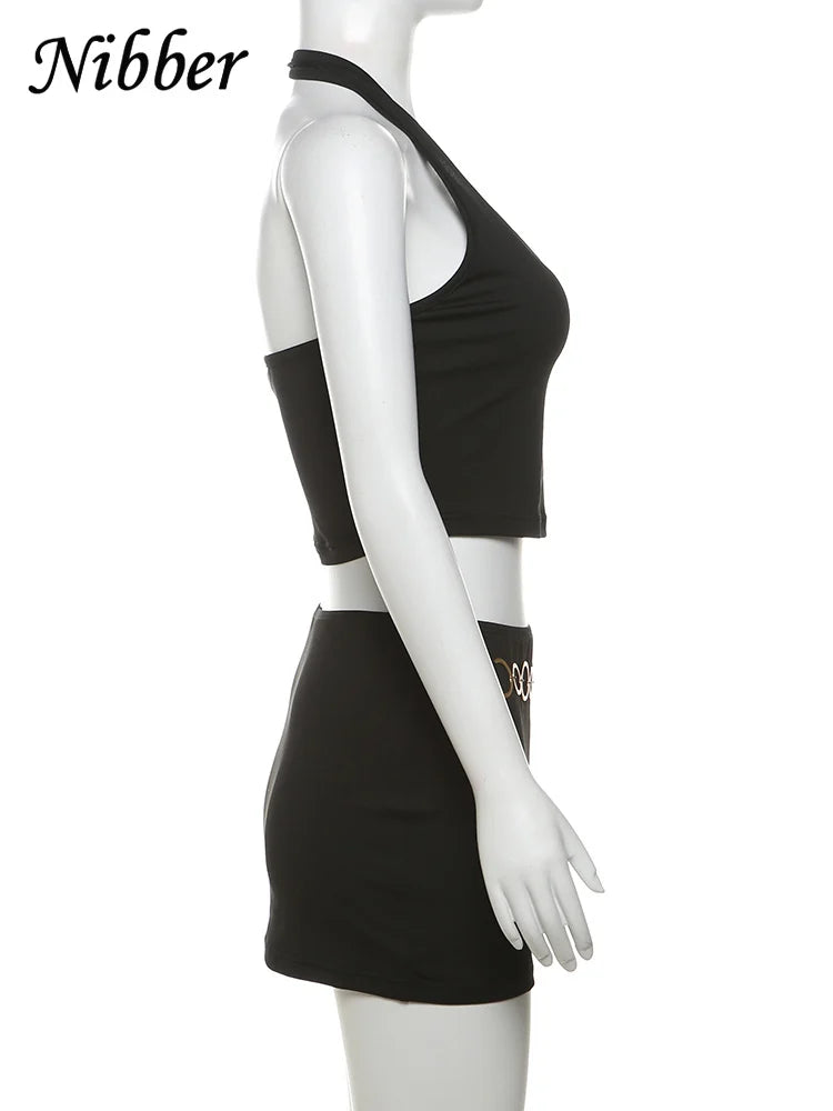 Nibber Metal Buckle 2 Piece Set Women Summer Halter Irregular Classic Tops+Skirts Skinny Solid Midnight Party Matching Suits Aviola