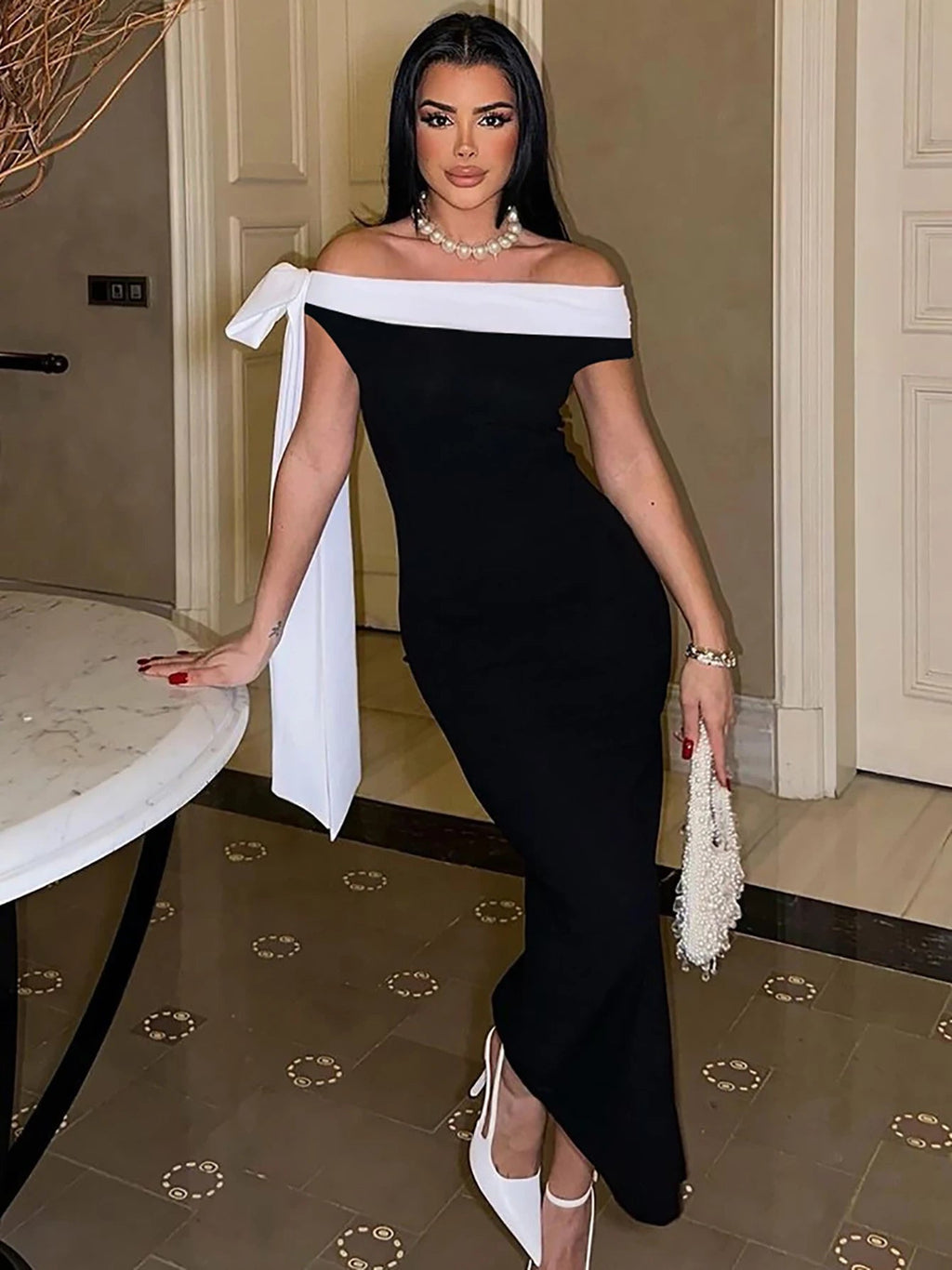 Nibber Black White Patchwork Woman Dress Elegant Bow One Shoulder Sleeveless Frenulum Temperament Skinny Noble Gown Vestidos Aviola