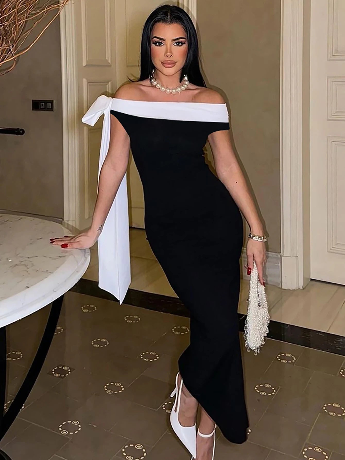 Nibber Black White Patchwork Woman Dress Elegant Bow One Shoulder Sleeveless Frenulum Temperament Skinny Noble Gown Vestidos Aviola