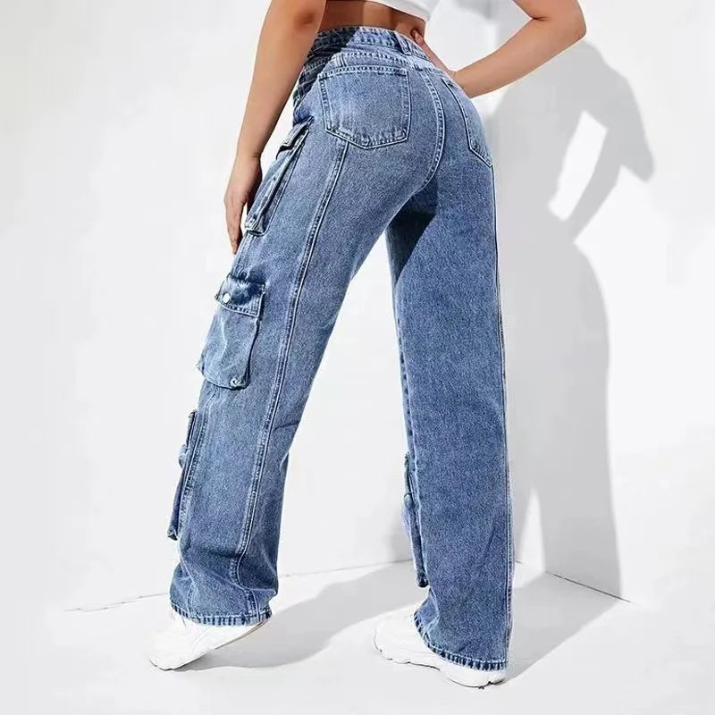 Women Jeans Zipper Fly Flat Cargo Pants Denim Pockets Clamshell High Waist Loose Mom Jeans Winter Clamshell Streewear Color Aviola