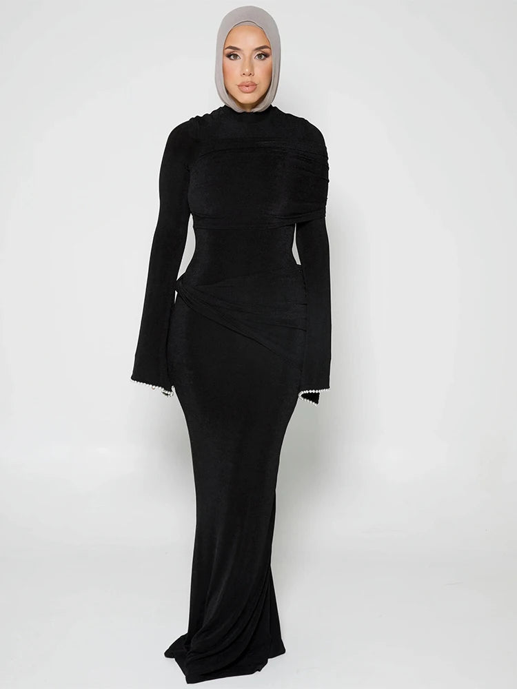 Nibber o-Neck Maxi Dress Women Mesh Long Sleeves Folds Elegant Temperament Autumn Trend Skinny Solid Banquet Simple Vestidos Aviola