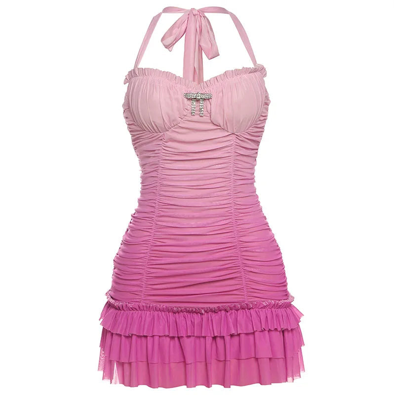 Nibber Gradient Folds Dress Women Halter Bandage Multilayer Ruffles Metal Trim Low-Neck Sleeveless Backless Summer Mini Bodycon Aviola