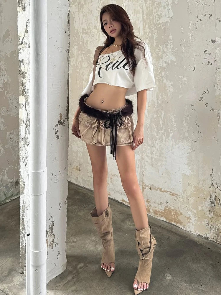 Nibber Classic Loose Letter Print Mini t-Shirt Women Summer Trend Biased Collar Versatile Street Skinny Simple Party Daily Tops Aviola