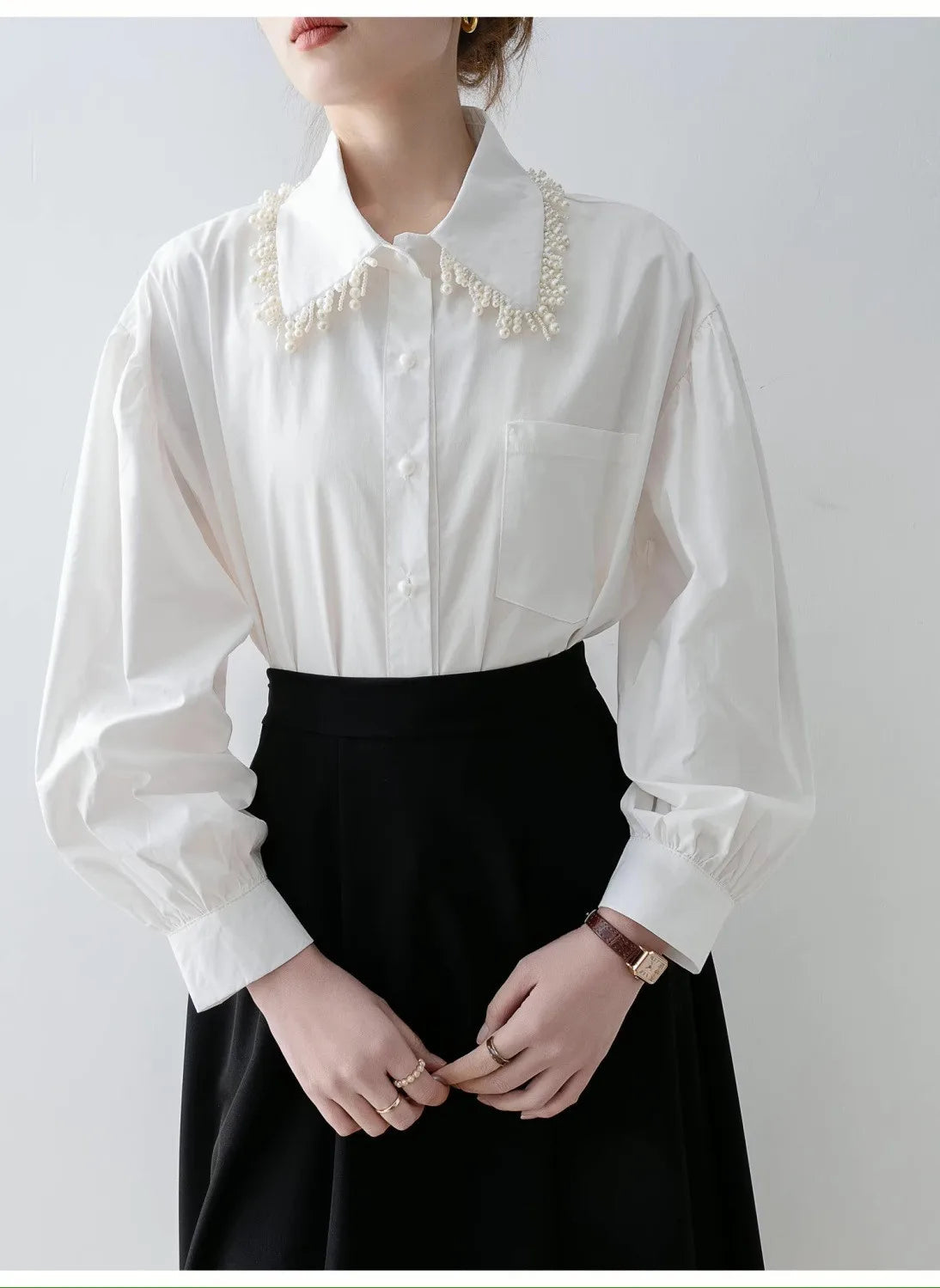 MEXZT Elegant White Shirts Women Fashion Beading Patchwork Blouses Office Ladies Korean Long Sleeve Pocket Design Casual Tops Aviola