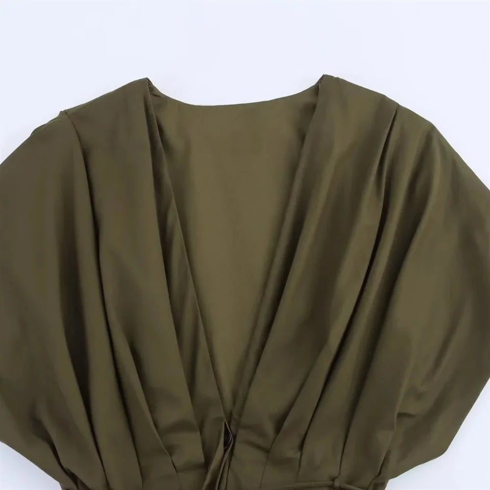 BM&MD&ZA2025Deep V-neck Pleated Shoulder Sleeve Loose A-line Dress Summer New Arrivals Women's Clothing Aviola