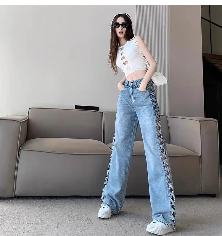 Women Casual Mom Jeans Hollow Out High Waist Trousers Button Zipper Wide Leg Pant Office Lady Loose Spring Club Y2k Streetwear Aviola