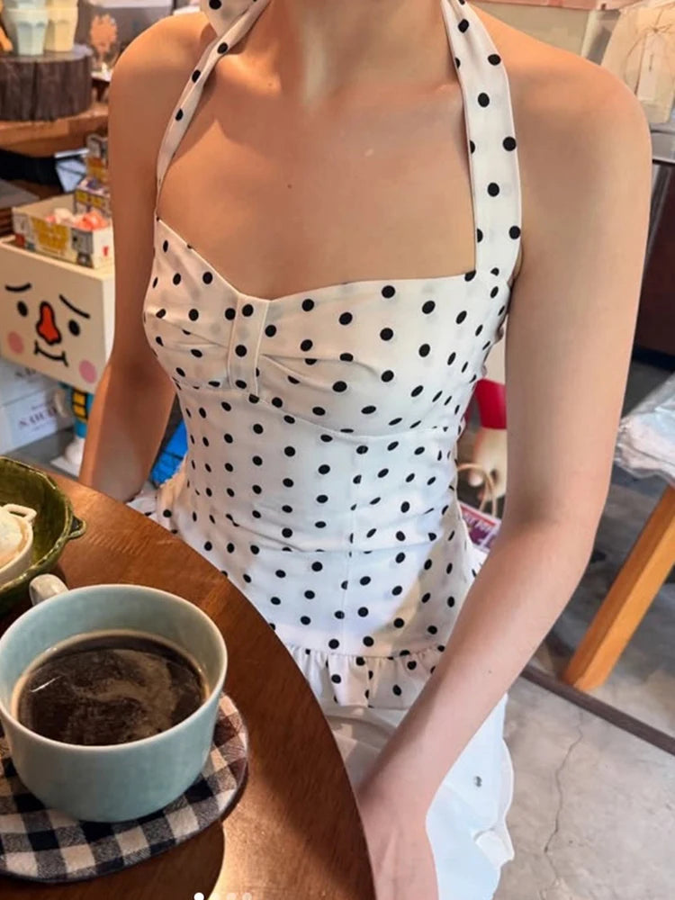 Nibber Polka Dot Print Tops Women Halter Low-Neck Bandage Ruffles Backless Sleeveless Skinny Fashion Street Versatile Vest Aviola