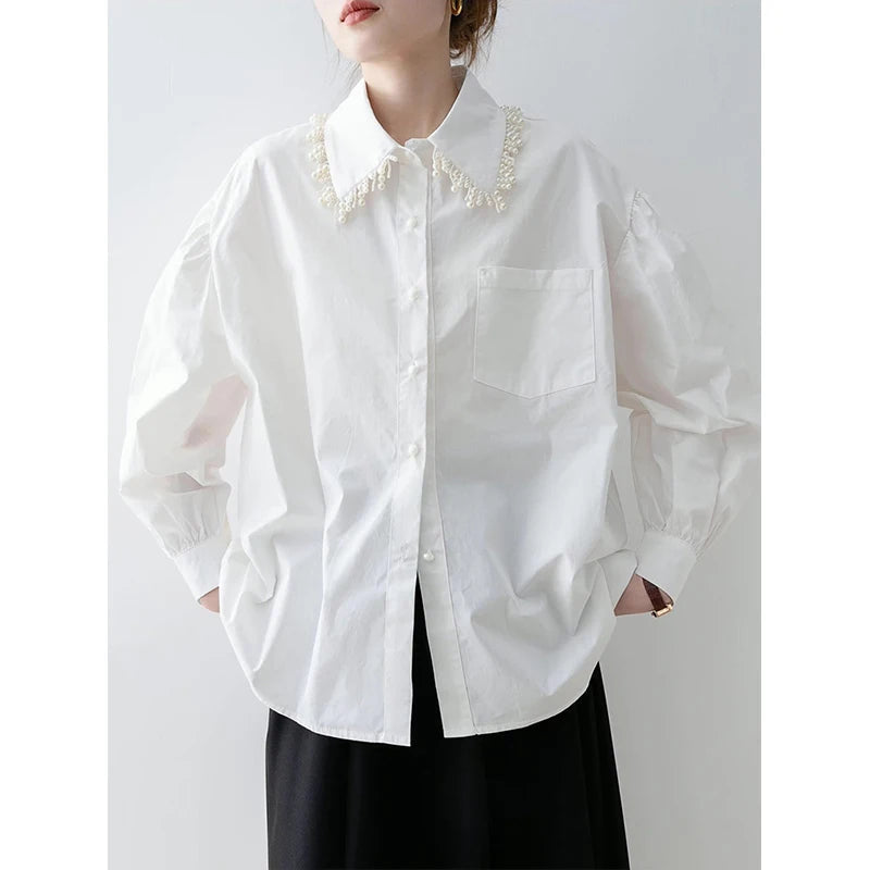 MEXZT Elegant White Shirts Women Fashion Beading Patchwork Blouses Office Ladies Korean Long Sleeve Pocket Design Casual Tops Aviola