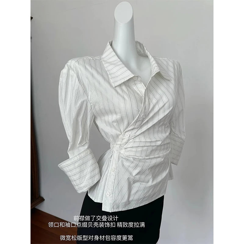 MEXZT Elegant Striped Shirts Women Vintage Irregular Long Sleeve Blouses Office Ladies Korean Chic Buttons Slim Design Tops New Aviola
