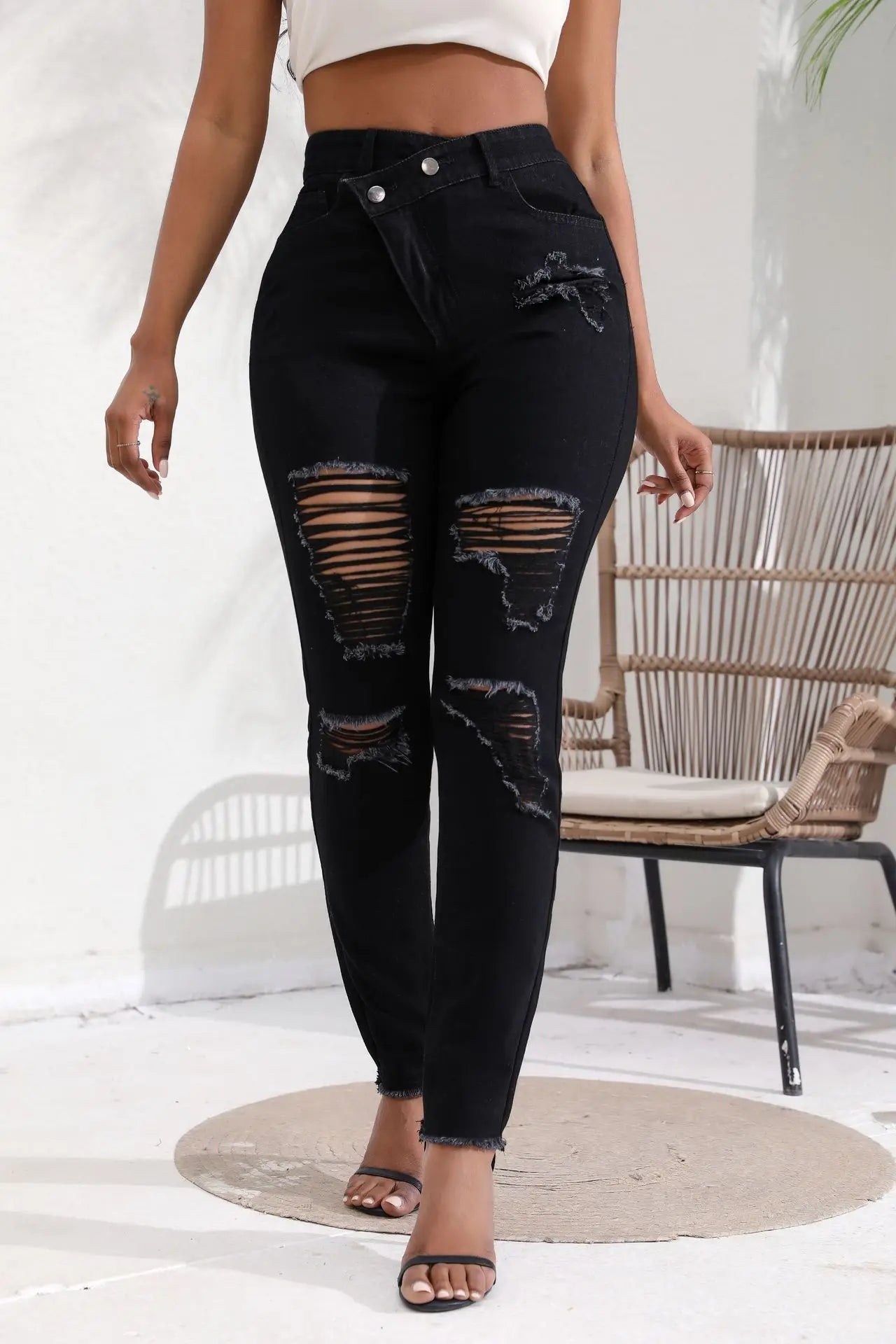 Jeans Women High Waist Pencil Pants Holes Denim Slim Fit Pockets Sexy Streetwear Mom Jeans Sheath Distressed Ankle Length 2025 Aviola