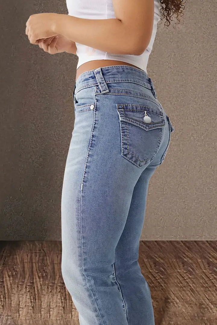 Jeans Denim Pant Women Long Pants Bodycon Button Pocket Splice Straight Trousers Solid Y2k Blue Mom Mid Waist Slim Streetwear Aviola