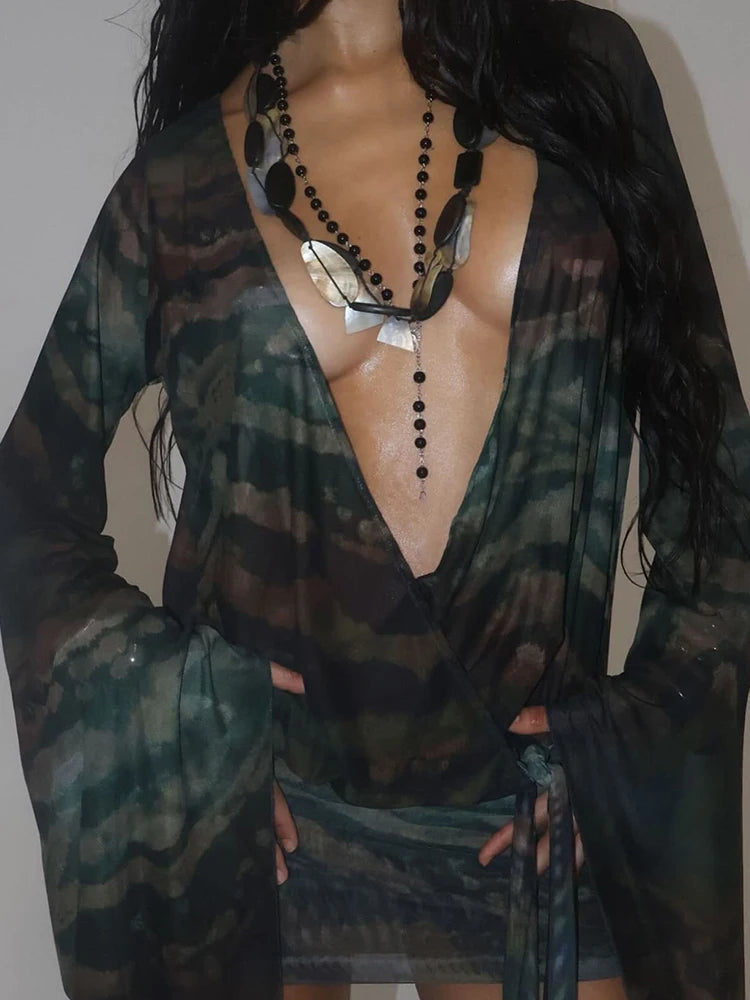 Nibber Sexy See Through Tie-Dye Dress Women Deep V-Neck Lace-Up Backless Loose Full Sleeve Summer Party Coquette Mini Bodycon Aviola