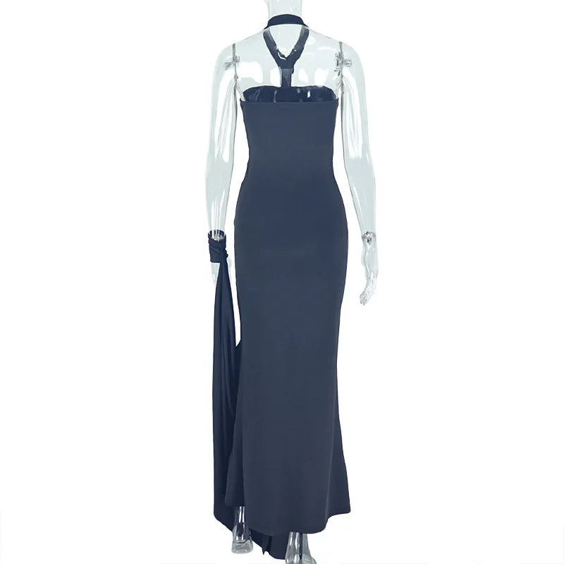 Nibber Elegant Halter Maxi Dress Women Backless Skinny Solid Hand Strap Hem Summer Trend Sexy Vacation Birthday Party Vestidos Aviola