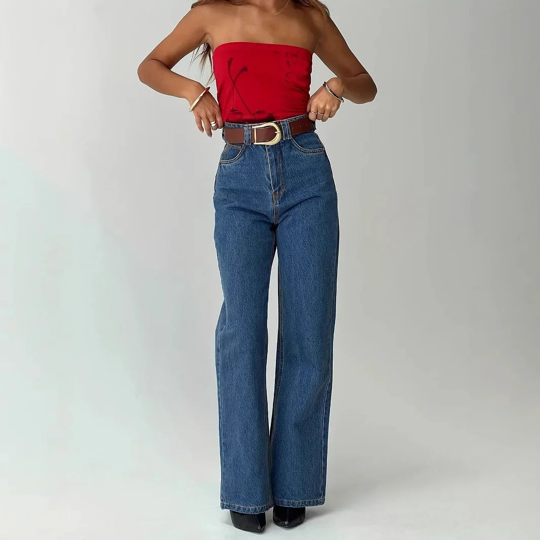 Jeans Women Vintage Straight Pants High Waist Washed Distressed Button Pockets 2025 Streetwear Mom Y2k Basis Denims Trousers Aviola