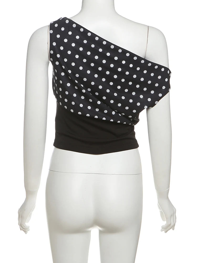 Nibber Daily Skew Collar Off Shoulder T-Shirt Women Polka Dots Print Summer Trend Backless Street Fashion Trend Ruched Crop Tops Aviola