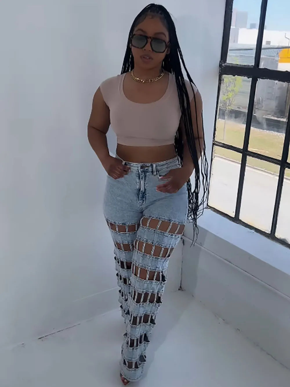 Denim Pant Women Jeans Long Pants Hollow Out High Waist Straight Mom Trousers Y2k Streetwear Elegant Splice Hole Casual Work Aviola