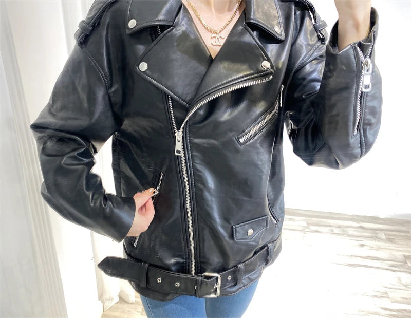 RARF  New 2024 Women's motorcycle leather PU imitation leather loose jacket black jacket Aviola