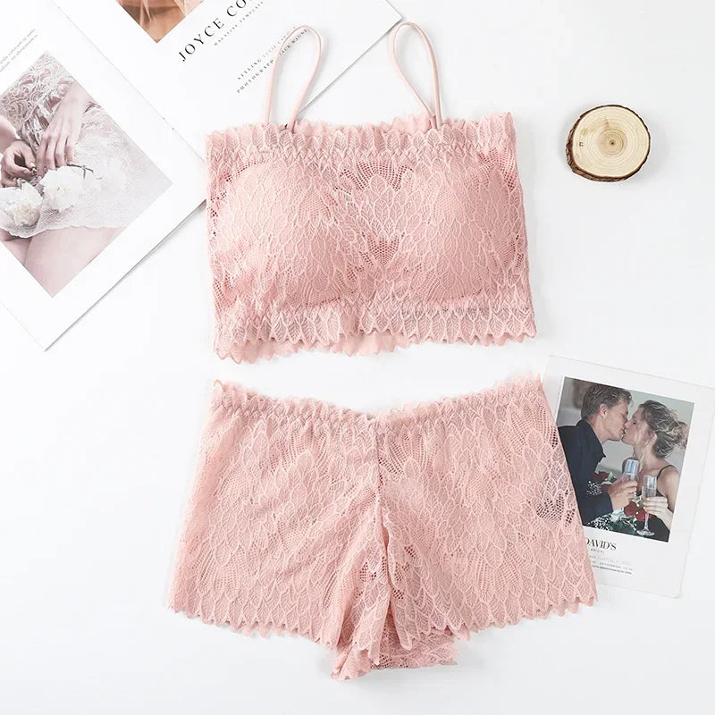 Women Lace Tube Bra and Panty Set Wireless Underwear Summer Padded Bralette Female Sexy Lingerie Low Rise Briefs Aviola