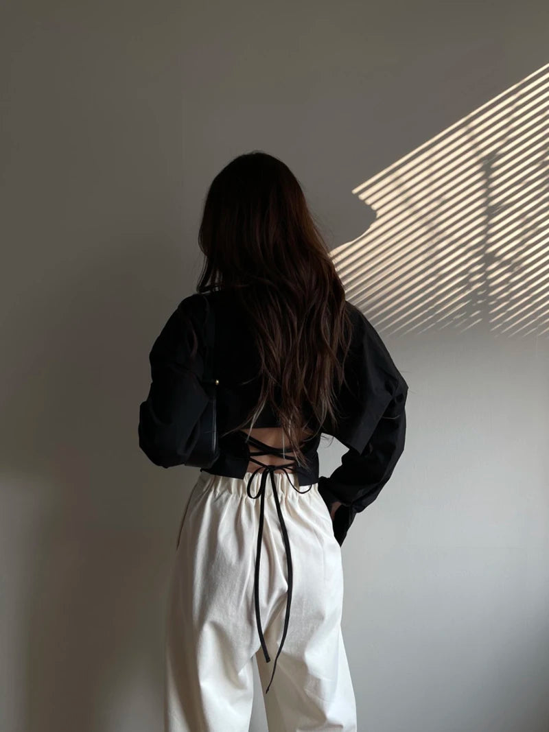 MEXZT Korean Long Sleeve Shirt Women Sexy Strap Backless Chic Blouse Office Lady Slim Lace Up Turn Down Collar Casual Top Aviola