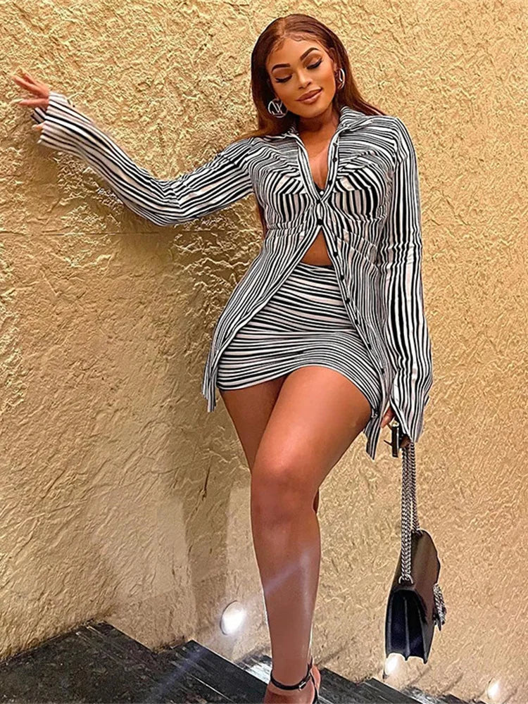 Nibber Autumn Two-piece set Women Fashion Pretty Full Sleeve Pleats Buttons Office Lady Top+Hip Skirt Striped Sexy Classic Suit Aviola